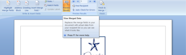 Mail merge from Word preview results