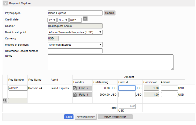 Payment capture screen for multiple folios