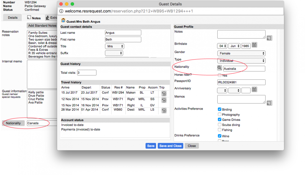 Nationality on notes and guest profile
