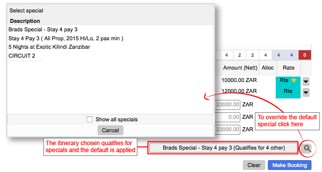 Selecting a special for a booking in ResRequest