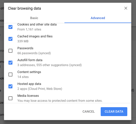 Clearing cache on chrome