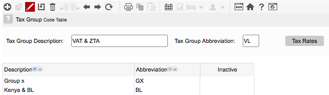 Tax group screen