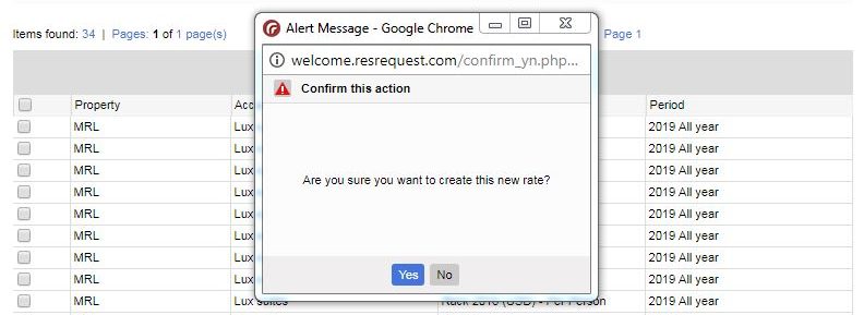 Confirmation popup for Rate creation on Add Rate screen